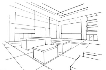 Fototapeta premium sketch drawing of the shop structure.,computer and gadget shop. ,Modern design,vector,2d illustration