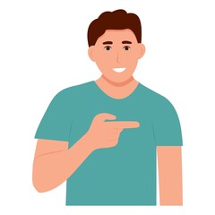 Boy presenting and points to something. Man shows a direction with a finger.Vector illustration