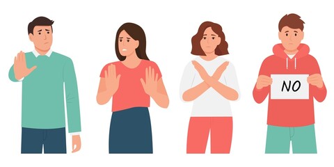 People expressing rejection.Finger language, non verbal communication.Men and women rejecting something with stop hand gesture.Vector illustration