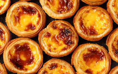 Traditional Portuguese custard tarts or Pastel de Nata freshly baked and cooling on rack