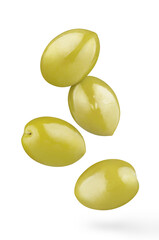 Flying delicious olives, isolated on white background