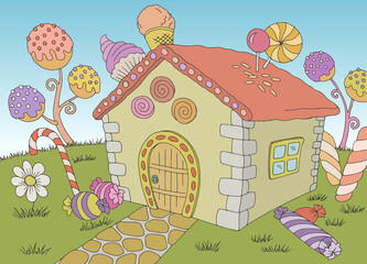 Candy house building exterior graphic color landscape sketch illustration vector