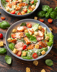 Salmon Caesar salad with grilled fish, croutons and cherry tomatoes