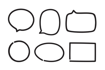 Hand drawn black speech bubble on white. Abstract simple elements. Set of think and talk speech bubbles. Black and white illustration