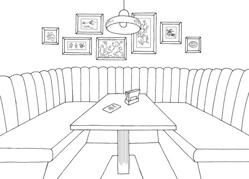 Restaurant interior graphic black white sketch illustration vector 