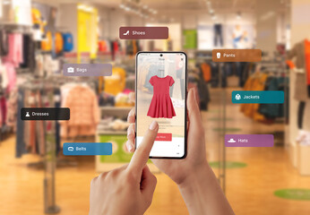 Buying clothes with virtual reality app on a smart phone. Choosing the color and size of the dress