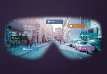 View of the metaverse city through VR glasses concept. Interface options for visiting stores, digital art, games, crypto, nft