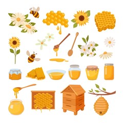 apiary. honey comb jar with liquid helthy food apiary bee flowers. Vector cartoon pictures collection - obrazy, fototapety, plakaty