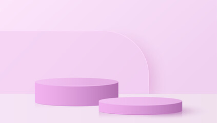 Paper cut of minimal scene with purple cylinder podium on purple background. Product presentation, mock up, show cosmetic. Vector illustration