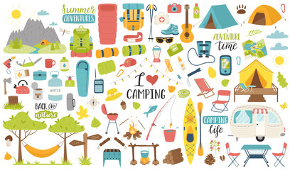 Fototapeta na wymiar A collection of elements for camping, traveling, hiking, outdoor recreation, picnic. Graphic objects for scrapbooking, posters, banners, stickers, cards. Flat vector illustration isolated on white.