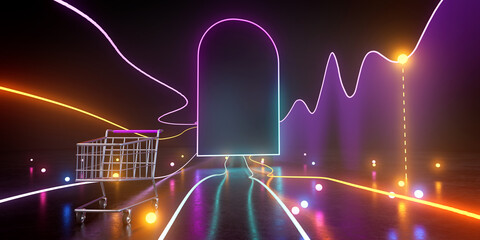 3d rendering of shopping cart and light trails.
