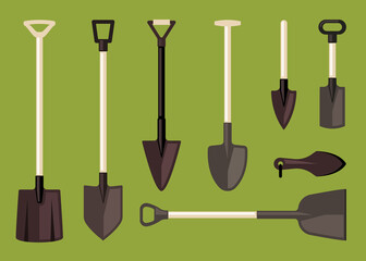 shovel. gardening tools for outdoor grass care professional farm equipment. Vector cartoon illustrations © alex_cardo