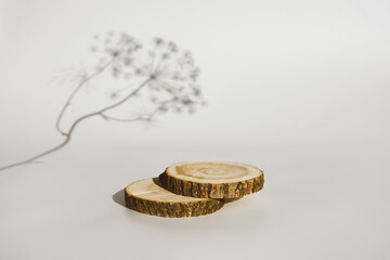 Empty round wooden podium for product presentation with plant shadows