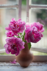 Fototapeta na wymiar Still-life. A bouquet of pink peonies on the window.