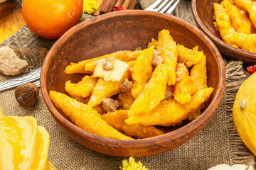 Pumpkin gnocchi or Italian dumplings. Healthy vegetarian squash dish with cottage cheese