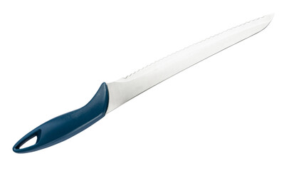 bread knife with blue handle isolated on white