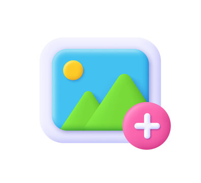Image, photo, jpg file. Mountains and sun landscape. Picture in a frame with add button. 3d vector icon. Cartoon minimal style.