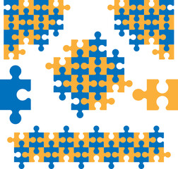 Parts of puzzles on white background in blue and yellow colors