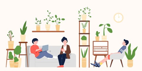 Family relax in home garden on sofa and chair with green plants in pots. Houseplant in apartment, eco lifestyle and comfort. Harmony feel recent vector scene