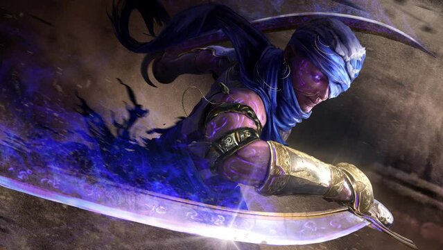Arab warrior assassin rushes faster than the wind through the desert ruins with two curved sabers on which  runes, he is a master of shadow leaving a purple magical trail. clean looped 2d animation