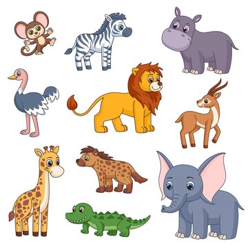 Cute jungle cartoon animals. Safari animal, isolated giraffe, lion and zebra. Kids hippo and monkey. Baby garish wild life characters vector kit