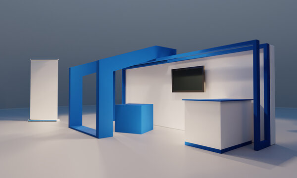 Blue Booth 3d Mockup, Retail Trade Stand,  Advertising POS Counter, 3D rendering	