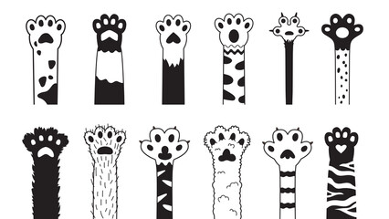 Black cat paws. Cartoon cute pet paw, kitten legs decorative print for wall or sticker stencils. Animal interior decor, doodle kitty footprint classy vector set