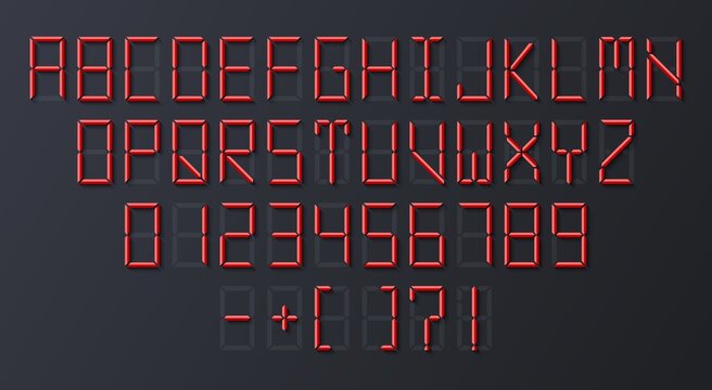 Digital 3d display font. Clock or alarm, watch timer letters and numbers. Scoreboard info typography elements, alphabet for electronics, exact vector signs