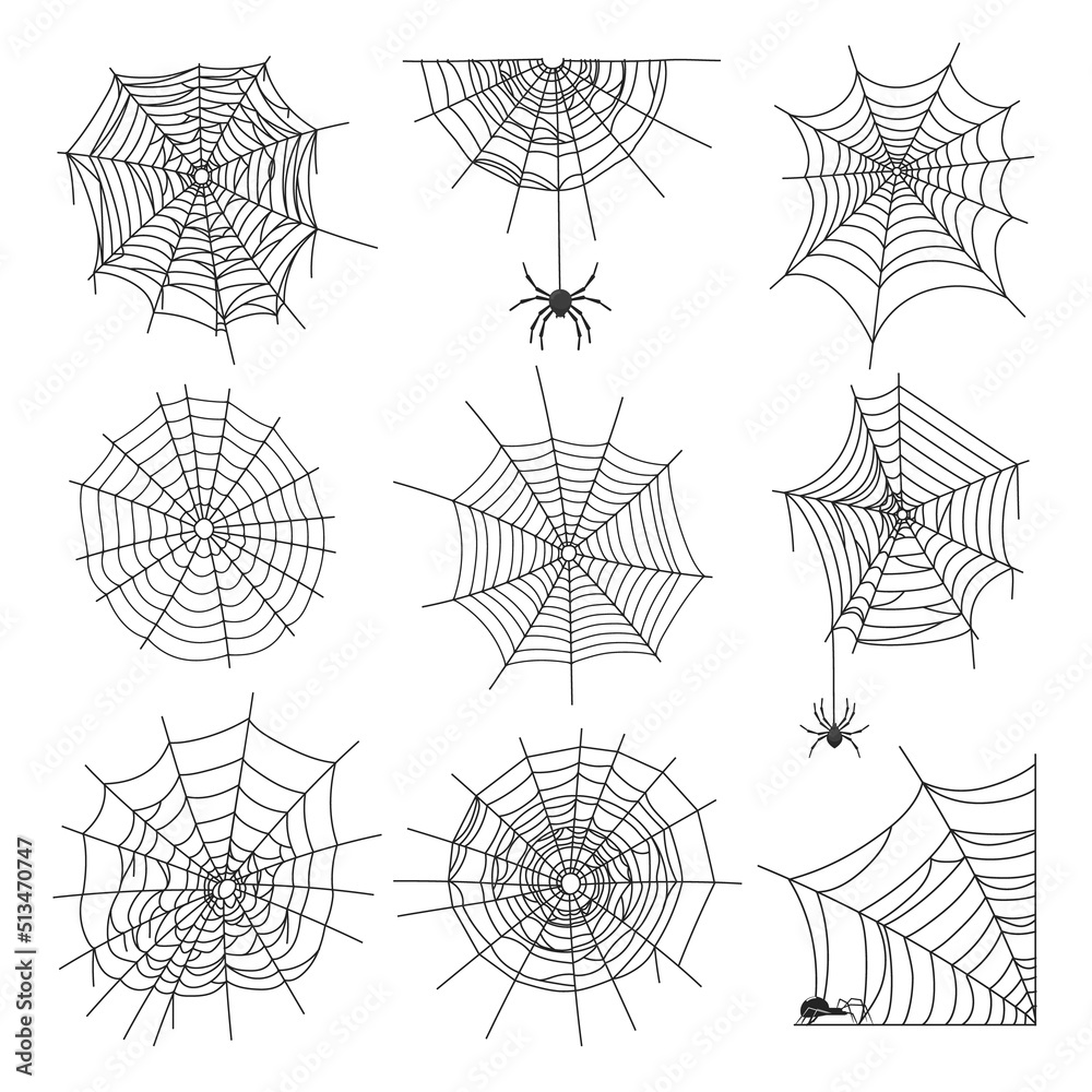 Wall mural spider webs. halloween graphic web, black isolated cobweb and spiders. cartoon decorative elements, 