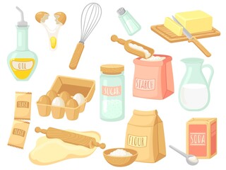 Cartoon food baking. Milk and salt, bake ingredients and tools. Fresh egg and powder, sugar for pastry. Isolated kitchen equipment, oil and butter neat vector set