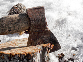 Interior of the wood chopping. Axe and firewood