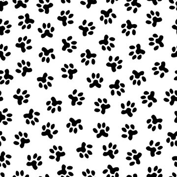 Pets footprint black background. Paw steps dog or cat, wild animal foot silhouettes. Simple abstract seamless pattern, pet vector print