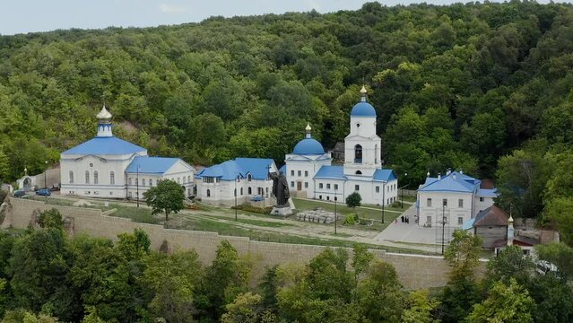 Makaryevsky men Monastery on the banks of the Sviyaga and the Volga River. Christianity and Orthodoxy. A picturesque peaceful place on the water. Forest hills. Pilgrimage and Diocese. Drone footage. 