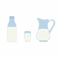 Milk in bottle, glass and jug. Vector illustration in flat style isolated on white background