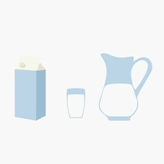 Milk in a cardboard box, a glass and a jug. Vector illustration in flat style isolated on white background