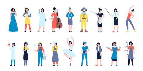 Female professionals characters. Various occupations, professional management women. Workers group, female in different uniforms recent vector set