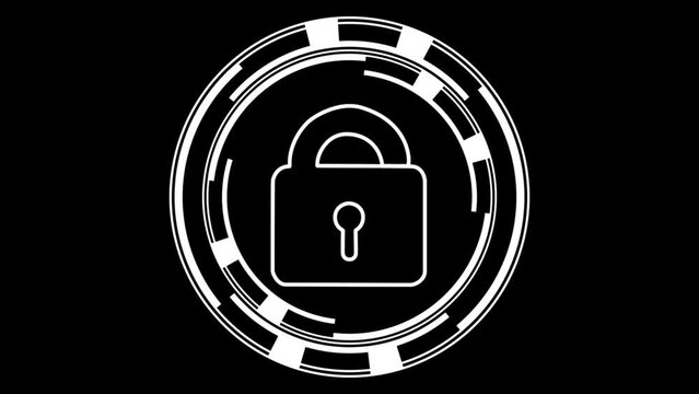 Complex and slick animated circular spinning cyber lock design - lock gets hacked and padlock clicks open - all white colors