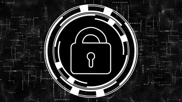 Complex and slick animated circular spinning cyber lock design - lock gets hacked opening up for the binary style data to be accessed - all white colors
