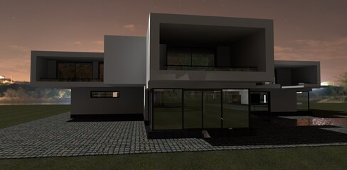 Luxury house in the night without light. 3 d render. A great idea for an advertising banner for the real estate sale.