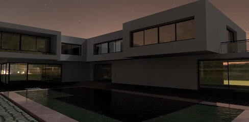 Night view to rhe contemporary design building with pool. 3d render. Good for real estate websites.  
