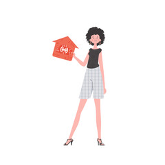 The woman is depicted in full growth, holding an icon of a house in her hands. IOT and automation concept. Vector illustration in trendy flat style.