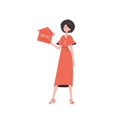 The woman is depicted in full growth, holding an icon of a house in her hands. Internet of things concept. Vector illustration in trendy flat style.