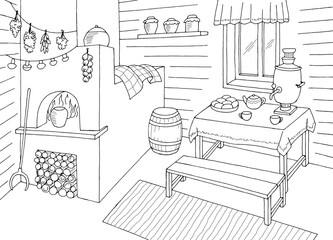 Old Russian kitchen room graphic black white home interior sketch illustration vector