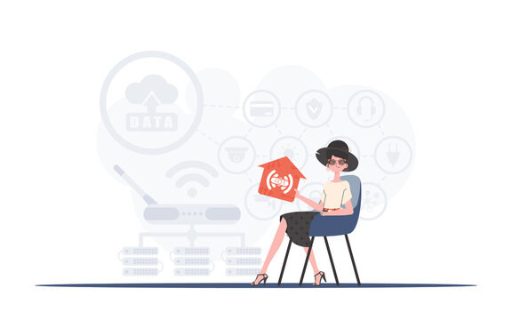 IoT concept. The girl sits in a chair and holds an icon of a house in her hands. Good for websites and presentations. Vector illustration in trendy flat style.