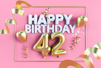 Happy Birthday 42 in Gold auf Rosa - obrazy, fototapety, plakaty