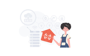Fototapeta na wymiar The woman is depicted waist-deep, holding an icon of a house in her hands. Internet of things concept. Good for presentations and websites. Vector illustration in flat style.