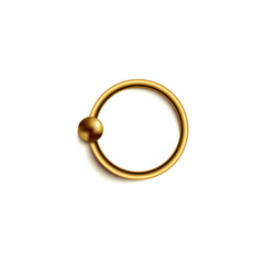 Golden metal ring piercing with ball on left side, realistic