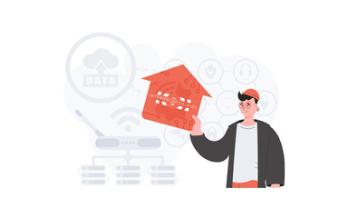 The man is depicted waist-deep, holding an icon of a house in his hands. Internet of things concept. Good for presentations and websites. Vector illustration in trendy flat style.