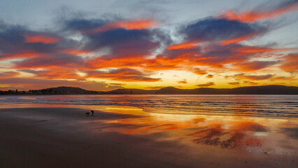 Fototapeta na wymiar Winter sunrise at the seaside with man and dog