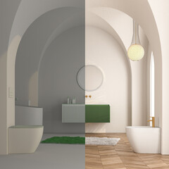 Unfinished project of stylish bathroom with white walls and arches, hardwood floor,  basin with round mirror, bathtub, toilet and bidet. Cozy bathroom design.3d rendering